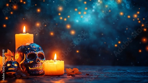 Colorful Skull Decorations with Candles and Sparkling Background for Festivals