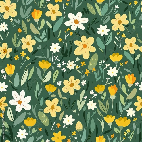 Pretty Yellow White Flowers Seamless Pattern Green Background Floral Design Textile Print Spring Summer Botanical Illustration Nature Wallpaper       
