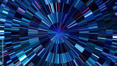 Neon circular light burst with dynamic glowing lines and gradient colors. Futuristic radial pattern with concentric streaks in vivid blues blacks tones for tech innovation themes. Vector illustration