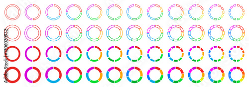 Pie chart set, colored segmented circle icons, pie chart divided equal parts, ring percentage wheel, circle diagram with sections or parts - vector