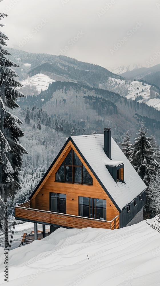 Fototapeta premium Snow-covered A-frame wooden house in a scenic mountain environment during winter..