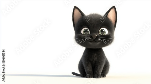 Cute black kitten with large eyes sitting in a minimalistic setting, appearing playful and curious