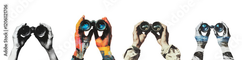 Collection of Contemporary artistic collage depicting handss holding binoculars against isolated on transparent or white background with space for text