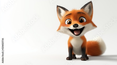 Cute animated fox character smiling joyfully in a light backdrop with fluffy tail and bright eyes