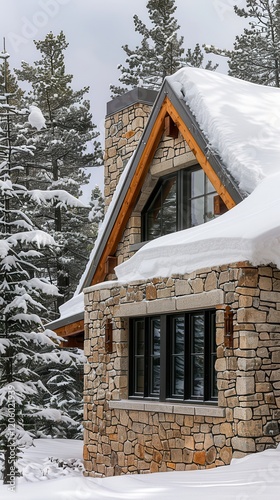 Contemporary stone cabin nestled in a snowy mountain landscape with a tranquil winter ambiance.. photo