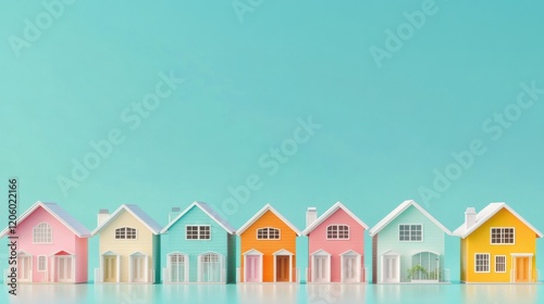 Miniature houses in row with pastel colors, representing concept of housing and real estate. vibrant colors evoke sense of optimism and growth in housing market