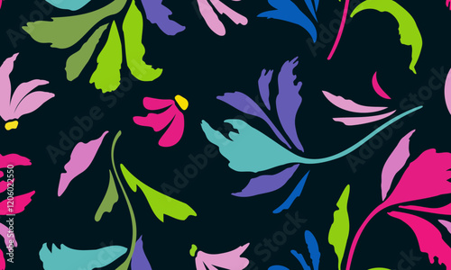 Seamless botanical pattern acidic modern collage of drawings of various flowers, branches, neon colored shapes on dark hand sketch background. Vector illustration