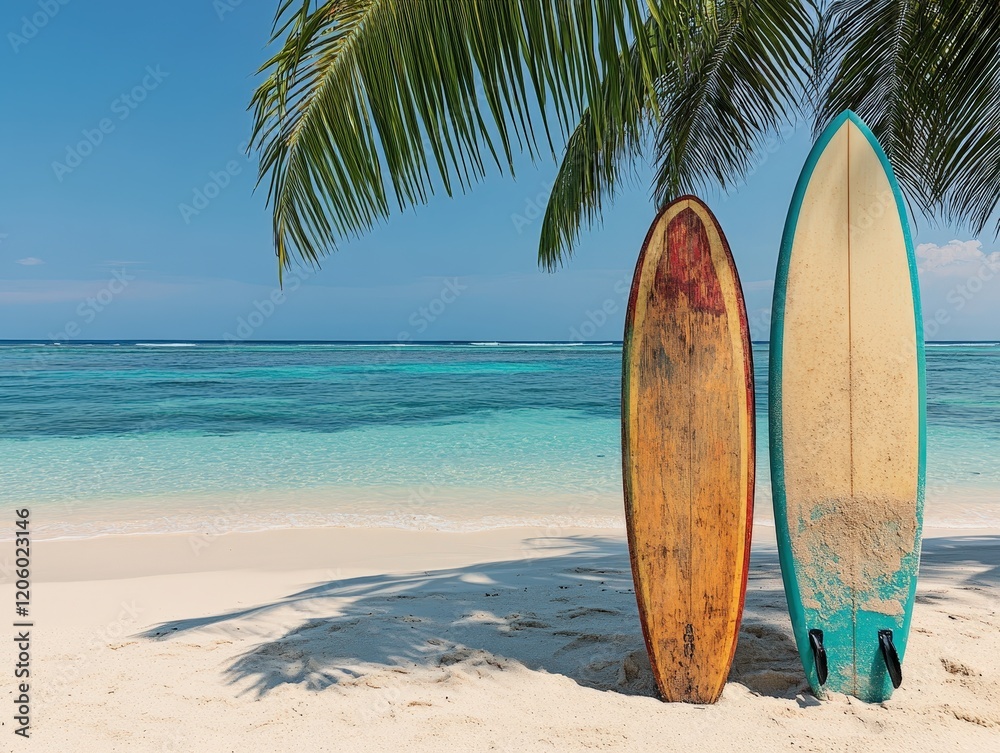 Colorful Surfboards on Sunny Tropical Beach with Palm Trees Colorful Surfboards on Sunny Tropical Beach with Palm Trees