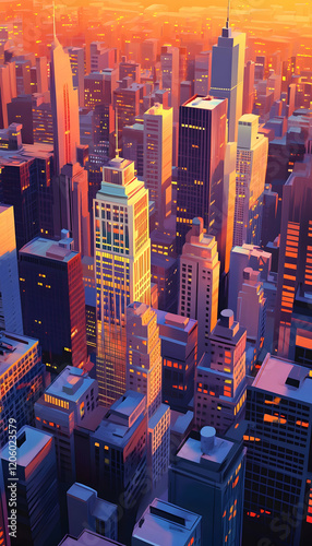 Modern low-poly metropolis at dusk, 3D cartoon cityscape illustration AI Generated