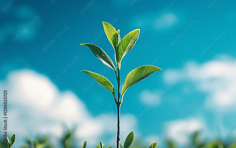 Obraz premium Young plant sprout growing against a bright blue sky.