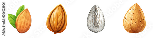 Collection of delicious real almonds isolated on transparent or white background. The concept of delicious and healthy food 