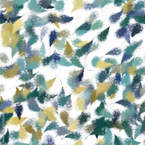 Big textured random brush strokes with thin tails. Greenish beige, dark tan, dark midnight blue, dark slate grey, verdigris and dull blue colors on the white background. Seamless hand drawn pattern.