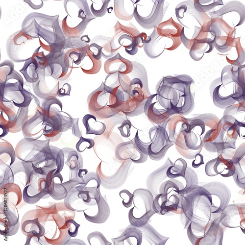 Flying hearts abstract background. Veil texture. Light maroon and purple taupe on the white background. Seamless hand drawn pattern