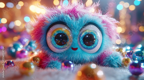 Cute fluffy monster toy in colorful bokeh.
