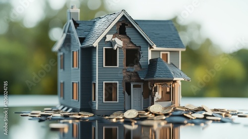 Model house with damage surrounded by coins suggests financial challenges in the housing market