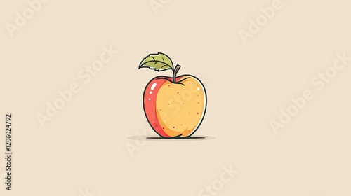 A colorful, cartoon-style apple with a leaf, set against a simple background.