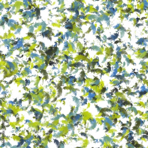 Abstract pattern of greyish teal, cool blue, pear and davy grey feathers on a white background. Seamless hand drawn pattern.