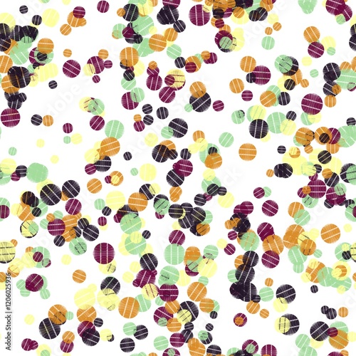 Purple taupe, carrot orange, pansy purple, light green and canary polka dot with texture on the white background. Seamless hand drawn pattern.
