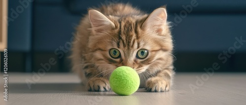 A playful kitten curiously examines a bright green ball on a stylish floor.