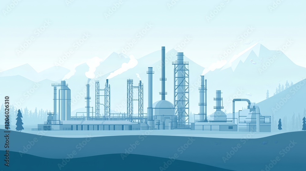 Industrial complex with smokestacks and machinery against a mountainous backdrop. Industrial complex with smokestacks and machinery against a mountainous backdrop.