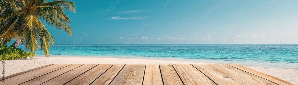 Fototapeta premium A serene beach scene with a wooden deck, turquoise waters, and palm trees under a clear blue sky, perfect for relaxation and escape.