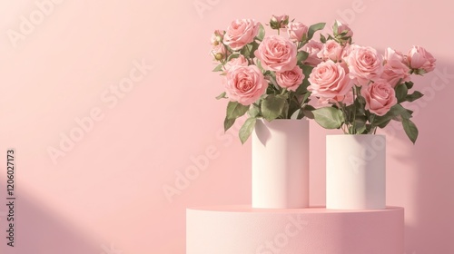 Pink roses in vases on a pink pedestal photo