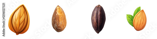 Collection of delicious real almonds isolated on transparent or white background. The concept of delicious and healthy food 