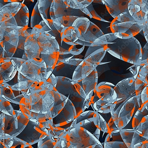 Abstract bright forms and shapes with texture on the dark background. Bright orange, powder blue and dark pastel blue colors. Seamless hand drawn pattern.