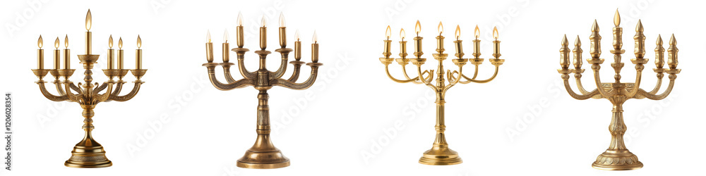 Collection of Candelabrums used in the Temple and is an emblem of Judaism and Israel isolated on transparent or white background. The concept of religion and culture Collection of Candelabrums used in the Temple and is an emblem of Judaism and Israel isolated on transparent or white background. The concept of religion and culture