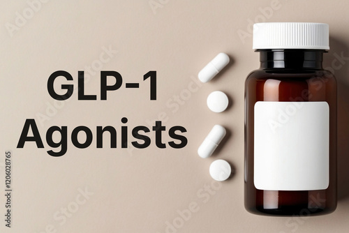 GLP-1 Agonists inscription text words phrase on the background of packaging with pills photo