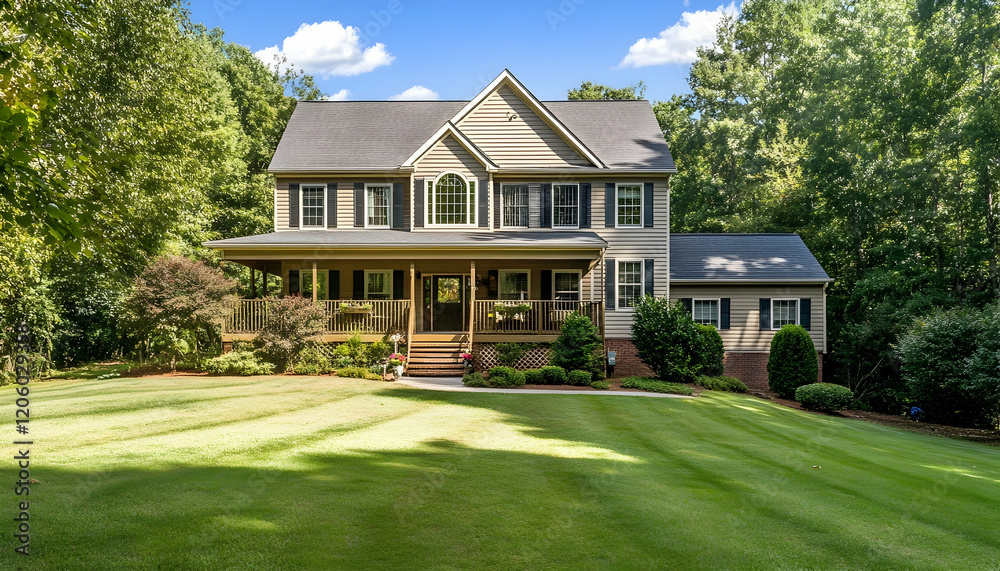 Obraz premium New home with a spacious deck and well-maintained lawn, ideal for outdoor gatherings AI Generated