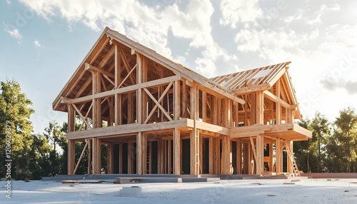 New wooden house under construction with beams, trusses, and posts, crafted with generative AI AI Generated