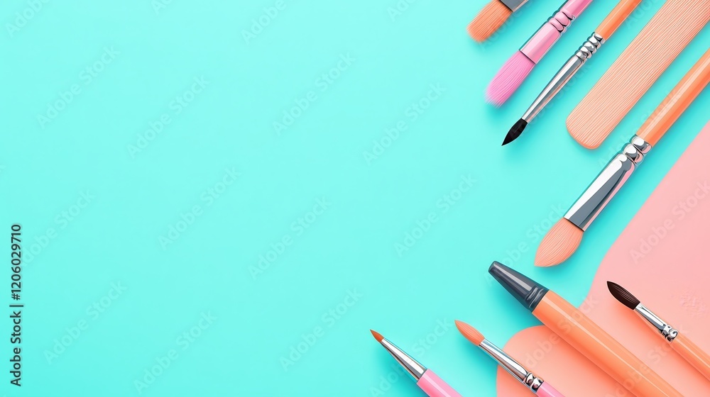 A collection of art supplies arranged on a vibrant background for creative projects. A collection of art supplies arranged on a vibrant background for creative projects.