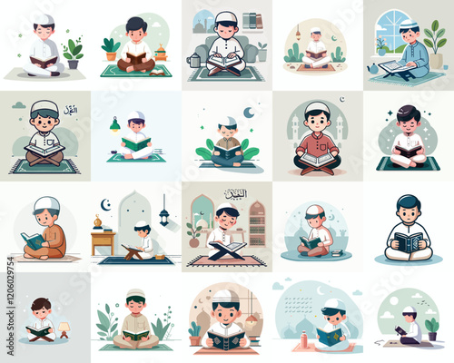 set of little boy reading quran
