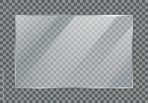 Glass plate transparent, clear glass showcase, glossy plastic glare frame with glare from sunlight, acrylic with glares and light, clear rectangular plate, plexiglas, mirror, realistic screen glass