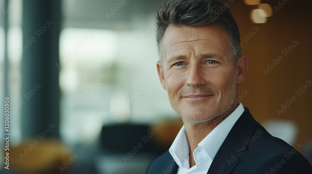 Professional man smiling in modern office setting with warm lighting during midday Professional man smiling in modern office setting with warm lighting during midday