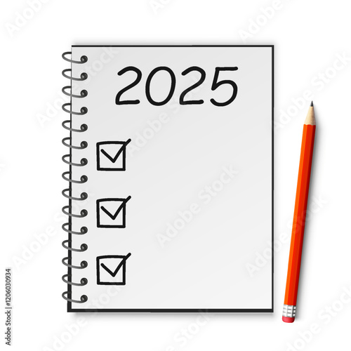 2025 year goals list with notebook and pencil, checklist, plan, goals and action, space for text