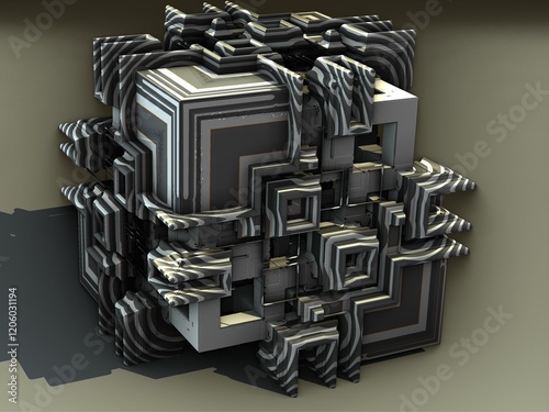Abstract 3D background with randomly extruded segments. Detailed segmentation of flat surface. Abstract architecture. 3d mandelbrot illustration. Grey and black colors