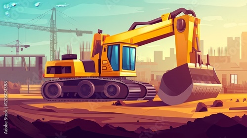 A cartoon-style excavator on a construction site with cranes in the background.