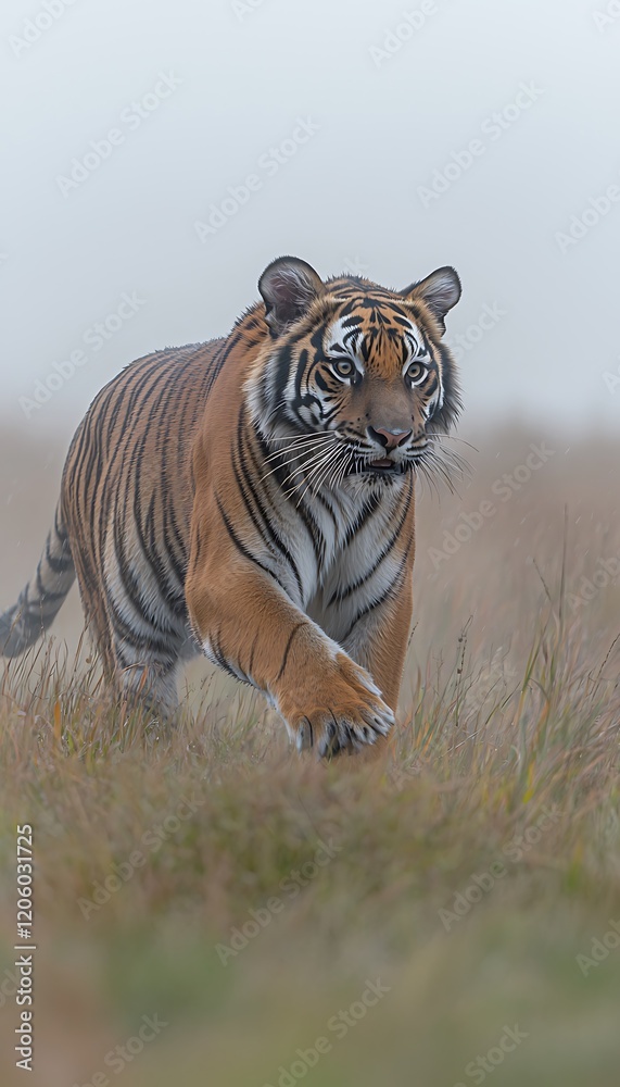 Naklejka premium A striking tiger moving confidently, its majestic form and piercing eyes standing out against a crisp white background