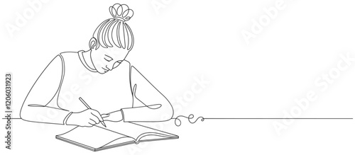girl student studying line art style vector illustration