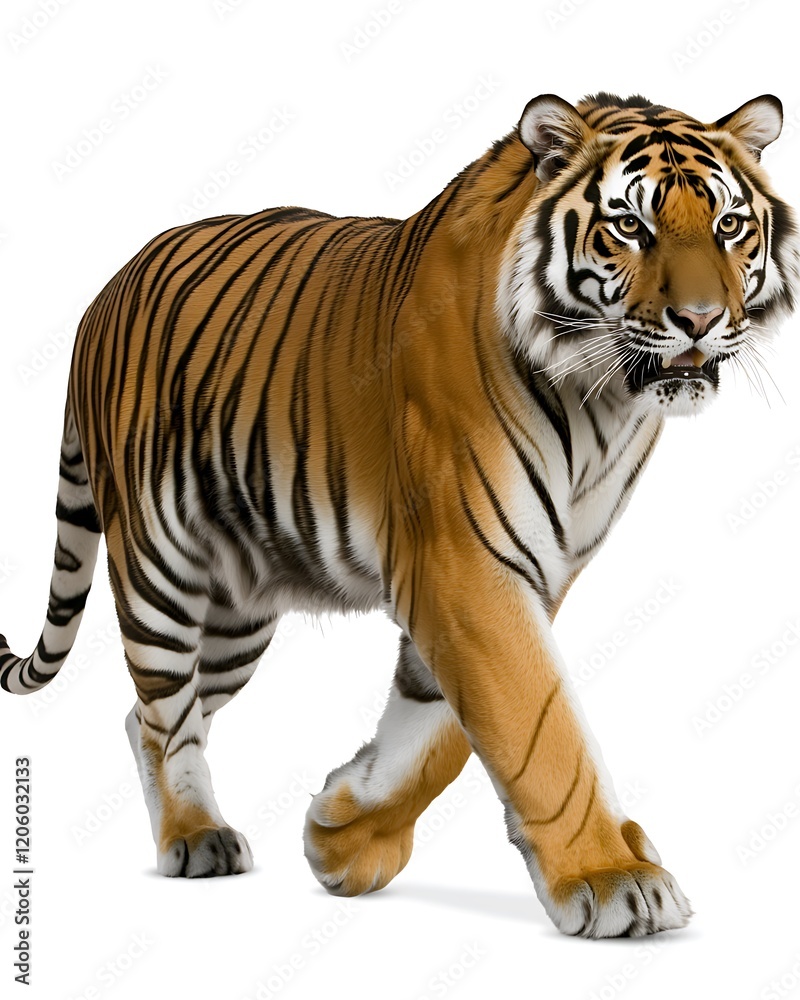 A tiger walking with determination, its long, powerful strides contrasted against a clean white background, highlighting its grace A tiger walking with determination, its long, powerful strides contrasted against a clean white background, highlighting its grace