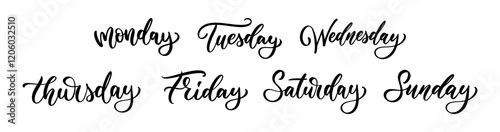 Set of lettering calligraphy - Monday, Tuesday, Wednesday, Thursday, Friday, Saturday, Sunday. Days of the weekday. Typography design.