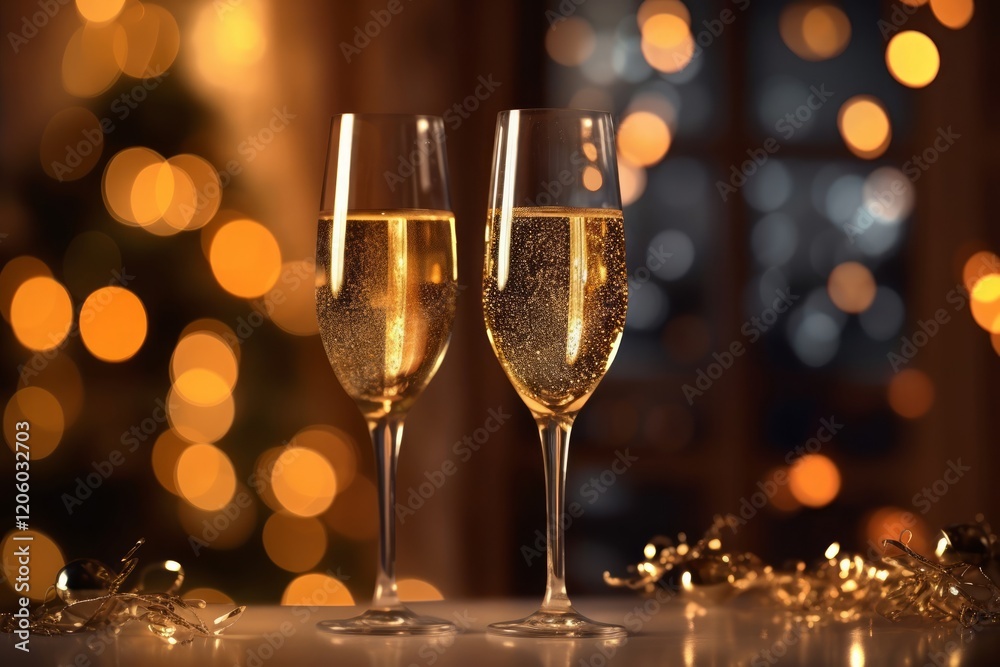 Glasses with little bubbles, tasting of sparkling wine champagne, winter festival in December. Glasses with little bubbles, tasting of sparkling wine champagne, winter festival in December.