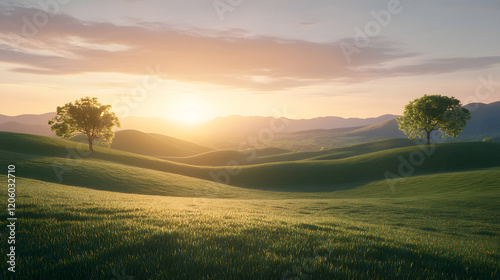 Rolling hills glowing under a serene and golden morning light.