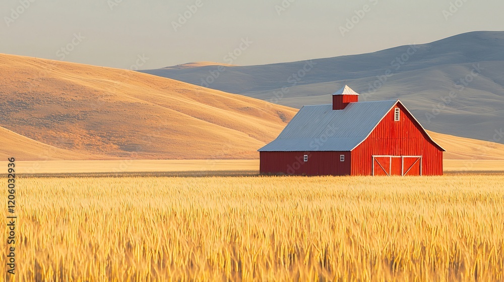 Red barn in golden wheat field at sunset, rolling hills in background. Red barn in golden wheat field at sunset, rolling hills in background.