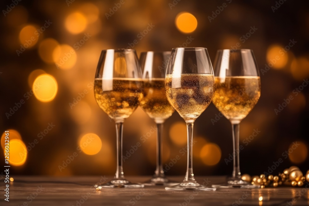 Set of transparent champagne glasses with sparkles on glitter gold background. Four glasses. Set of transparent champagne glasses with sparkles on glitter gold background. Four glasses.