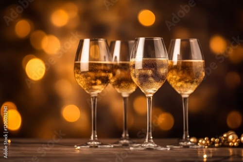 Set of transparent champagne glasses with sparkles on glitter gold background. Four glasses. 