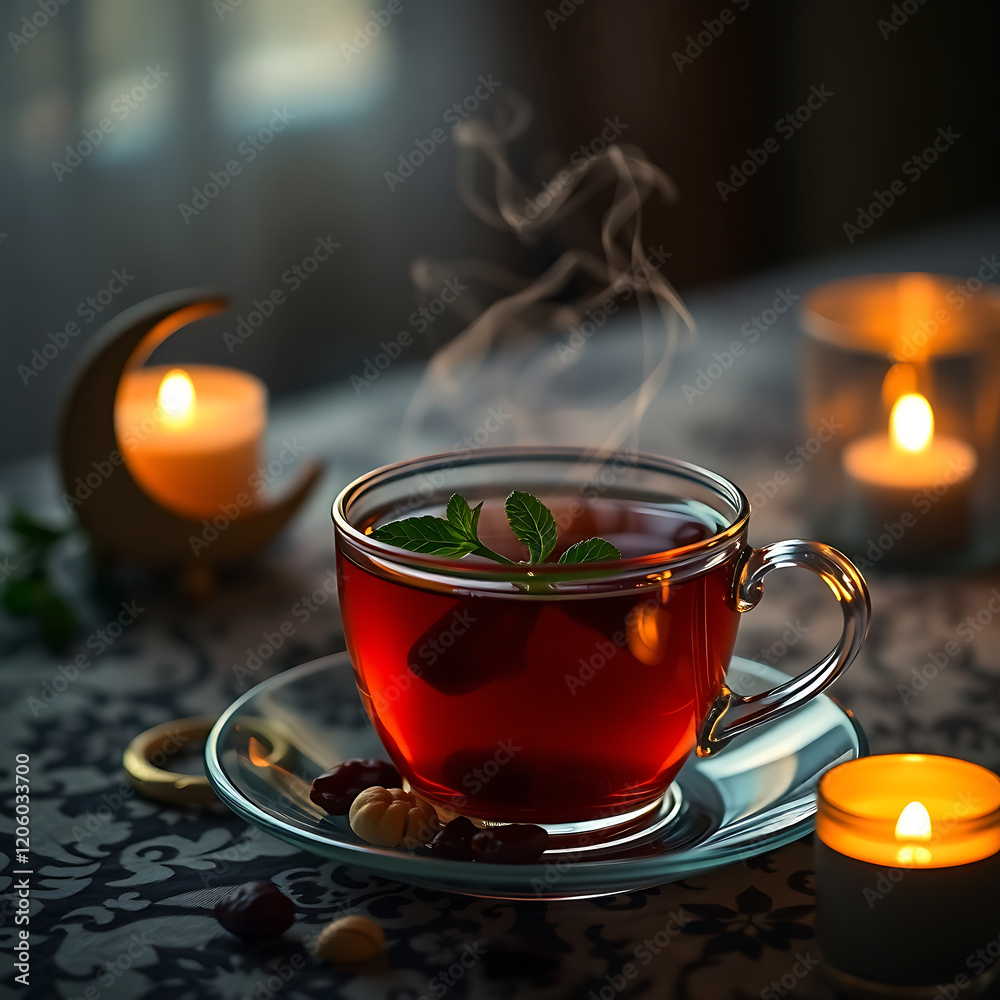 Ramadan greeting poster Mosque Tower and Palm  lantern lamp New 2025 Eid Mubarak background design, sunset sky 2025 Ramadan Kareem