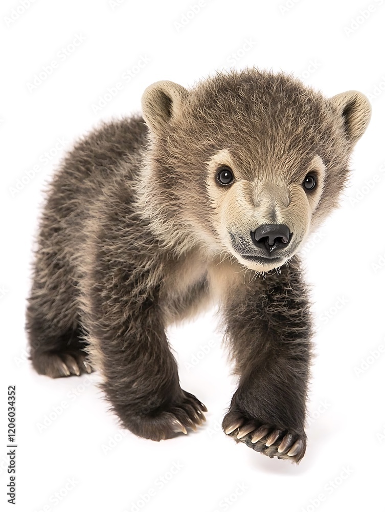 Fototapeta premium A young polar bear cub walking gracefully, its small, delicate form standing out against the smooth white backdrop